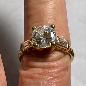 Gold Solitaire CZ Engagement Ring with Baguette Accents - Yellow Gold Plate Sz 9